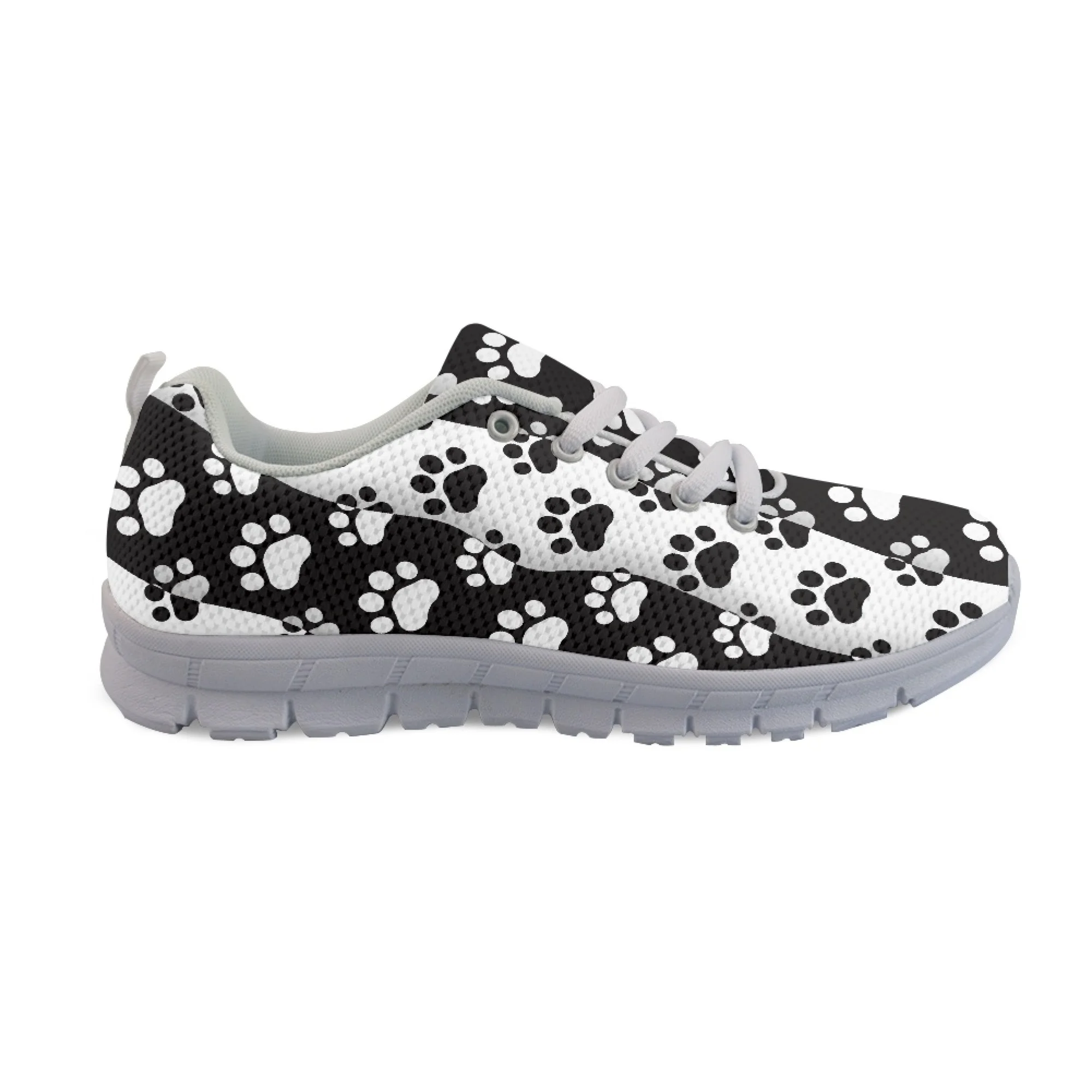 Yikeluo Fashion Black White Paw Printing Women's Sneakers Breathable Flat Shoes for Female Casual Lace Up Walk Shoes Lightweight