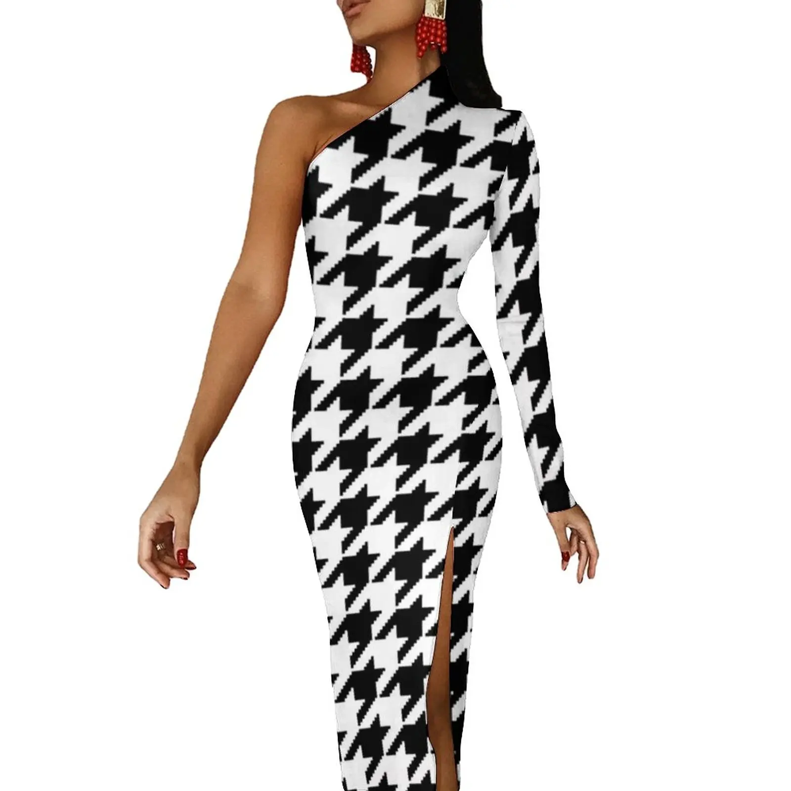 

Houndstooth Pixel Bodycon Dress Woman Black And White Classic Elegant Maxi Dress Long Sleeve Party Design Dresses Gift