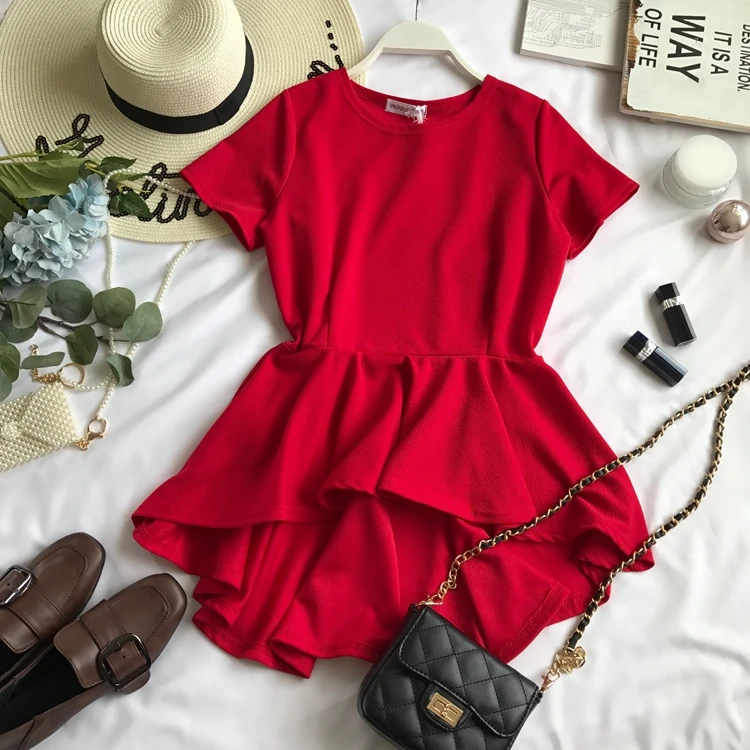 

New Round-necked Short-sleeved Solid Coloured Slim Waist Casual Shirt Women Irregular Ruffle Solid Color Blouse Tops D522