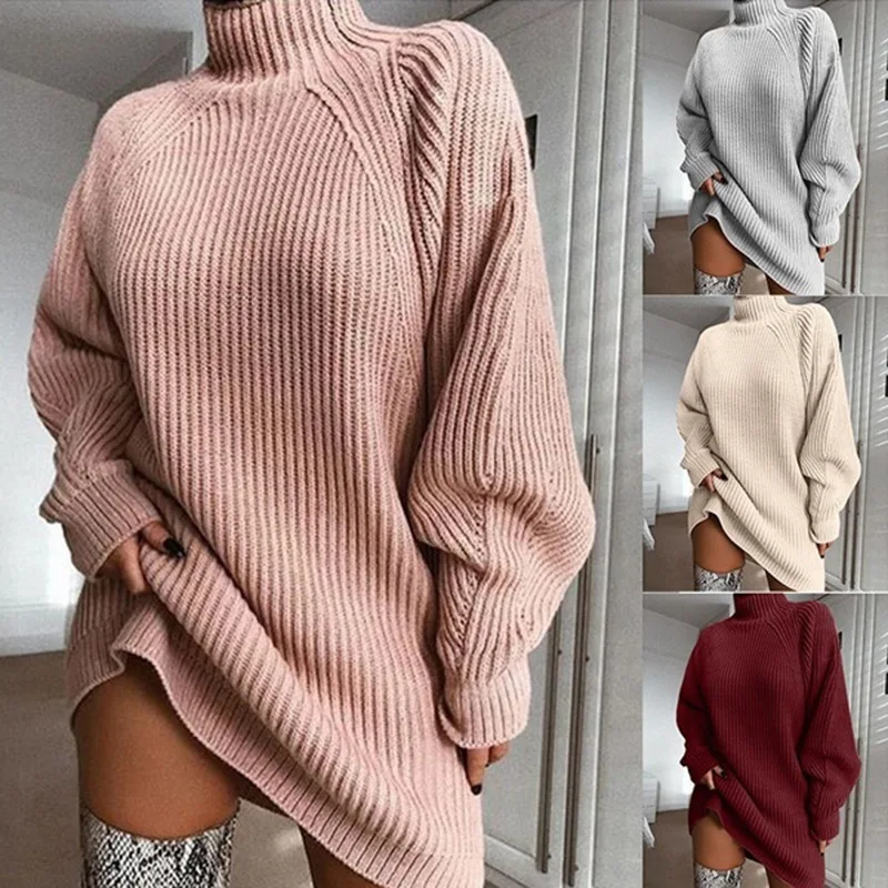 Купи Dresses Women Turtleneck Oversized Knitted Dress Autumn Solid Long Sleeve Casual Elegant Mini Sweater Dress Winter Clothes за 1,000 рублей в магазине AliExpress