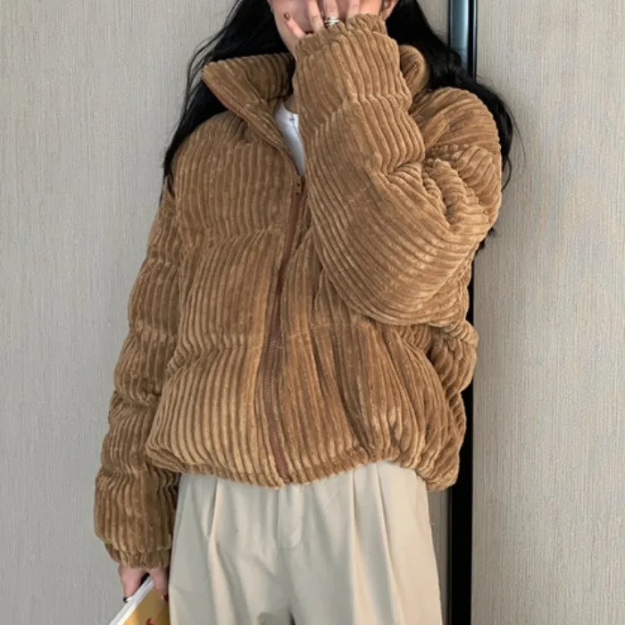 New Women Winter Corduroy Jacket Casual Solid Coat Down Short Thickening Warmth Overcoat Fashion Loose Zipper Jacket Streetwear