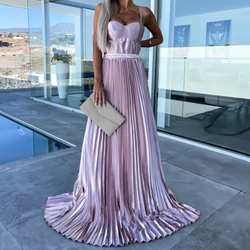 

Элегантное женское вечернее платье без бретелек, модное плиссированное платье макси на бретельках с открытой спиной и завязкой, платья для гостей на свадьбу и вечеринку, женская одежда