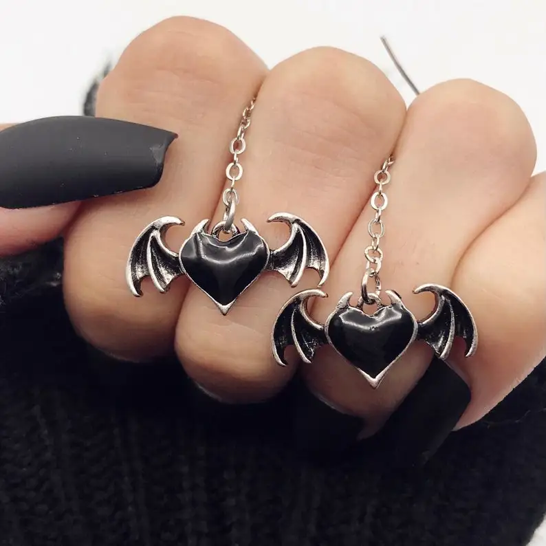 

Black Heart Earrings-Heart Drop Earrings-Winged Heart with Wings-Alternative Style-Goth Jewelry-Bat Earrings- Gothic Aesthetic