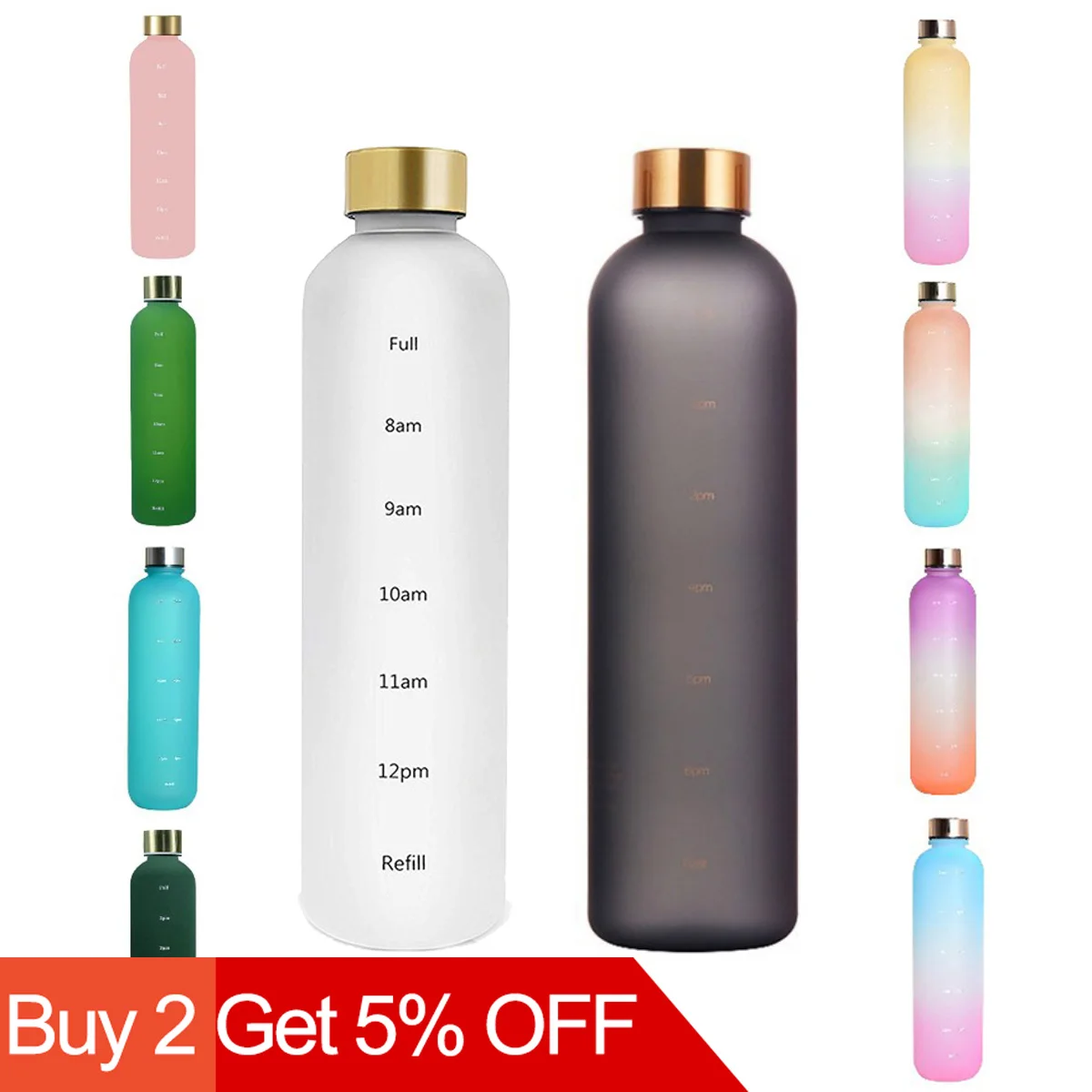 

1L Water Bottle with Time Marker 32 OZ Fitness Sports Outdoor Travel Portable Leakproof Drinkware BPA Free Frosted Drink Bottles