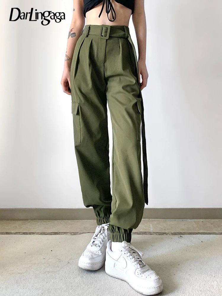 

Darlingaga Harajuku Green Belt High Waist Trousers Pockets Solid Cargo Pants Women Casual Joggers Spring Track Pencil Pants New