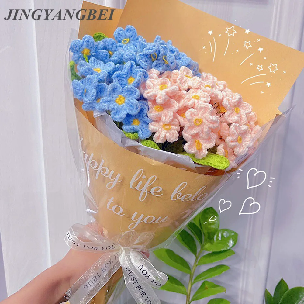 

10pcs Finished Knitted Flowers Hand-Knitted Myosotis Sylvatica Forget Me Not Flower Bouquet Decorative Wedding Home Decorations