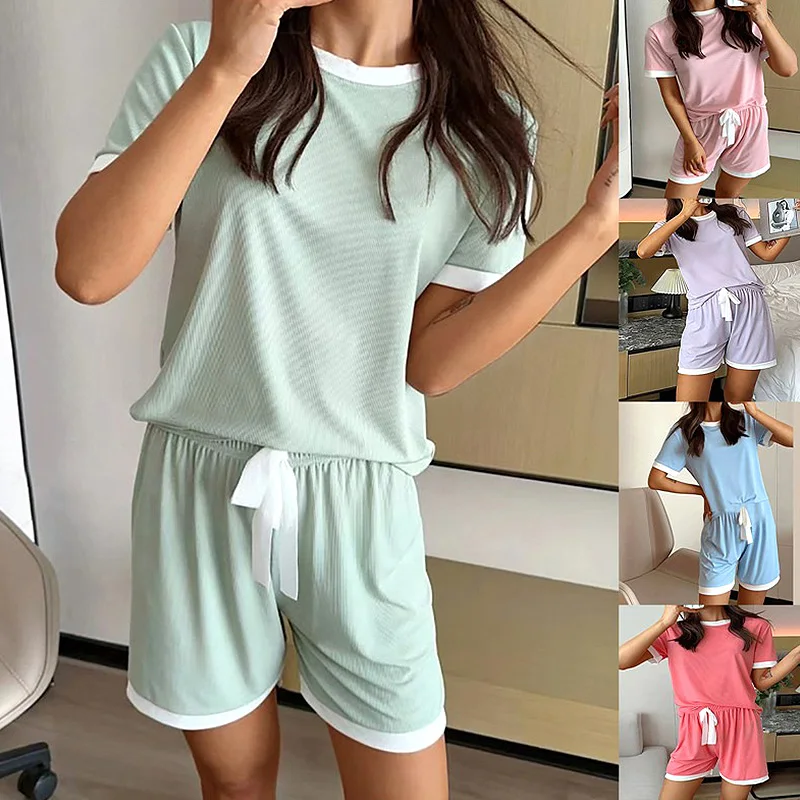 

5 Candy color Sleepwear Women Ice Silk Pajama Sets Shorts Sleeves Lovely Style Lace 2 Pieces Night Wears Sleeping Home Suit