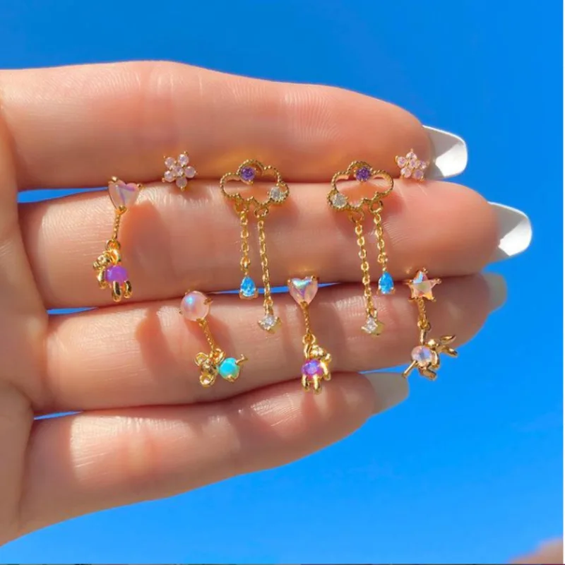 

New Ins Inlaid Zircon Bear Cloud Earring Simple Cute Real Gold-plated Color Zircon Bear Earrings For Women Girls Fashion Jewelry