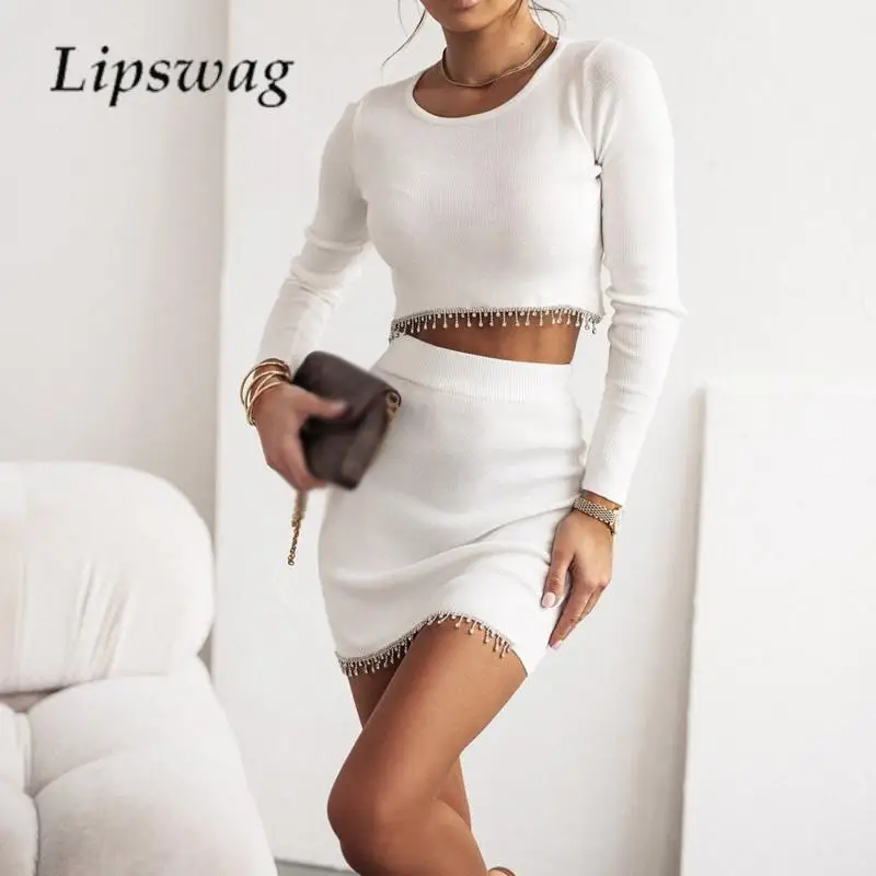 

Elegant Ladies Diamond Tassel Short Top and Skirt Set Women Knitted Ribbed Two-Piece Set Casual Solid Color Mini Skirt Sexy Set