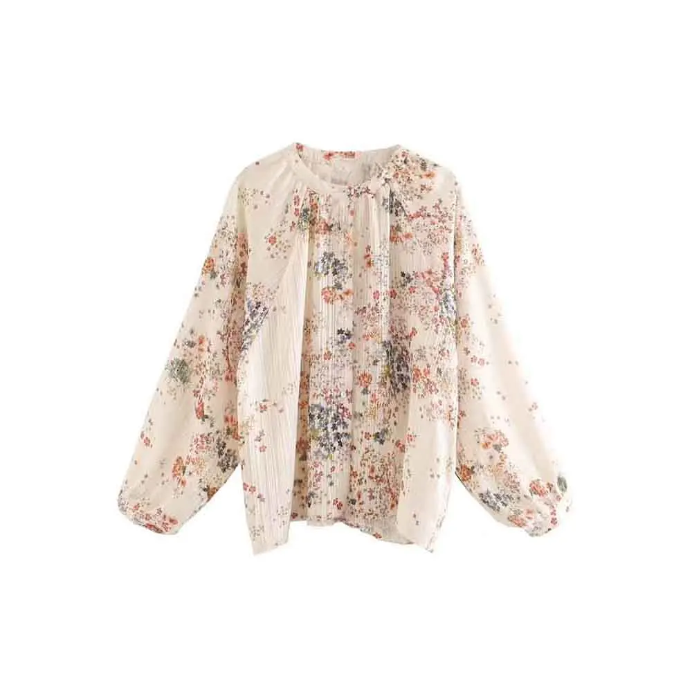 

Women 2023 New Sweet Fashion Gold Chiffon Printed Round Neck Placket Blouses Vintage Long Sleeve Female Shirts Chic Tops