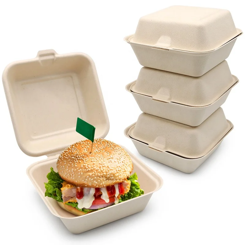 

Custom 6x6 Inch Take Away Lunch Packing Fast Food Container Biodegradable Clamshell Bagasse Hamburger Sugarcane Burger Box