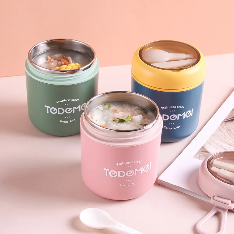 

Portable Student 304 Stainless Steel Breakfast Milk Soup Cup Lunchbox With Spoon Lunch Box For Kid bento Food Storage Containers