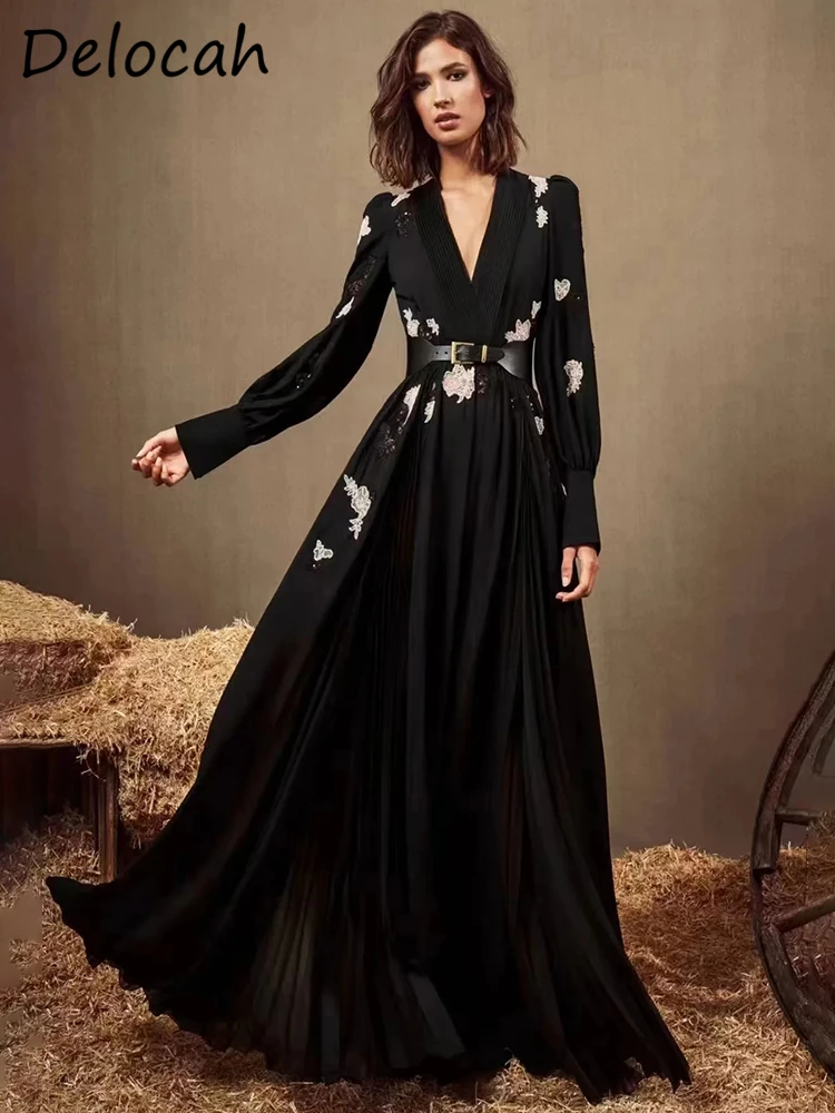 

Женское платье-трапеция Delocah, длинное платье с вечерние, поясом-фонариком и вышивкой, лето 2019