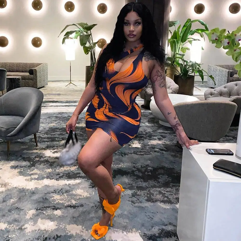 

Sexy Bodycon Dress Irregular Print Front Hollow Waist Tight Hip Wrap Dress One Shoulder Sleeveless Mini Dress Female Clothing