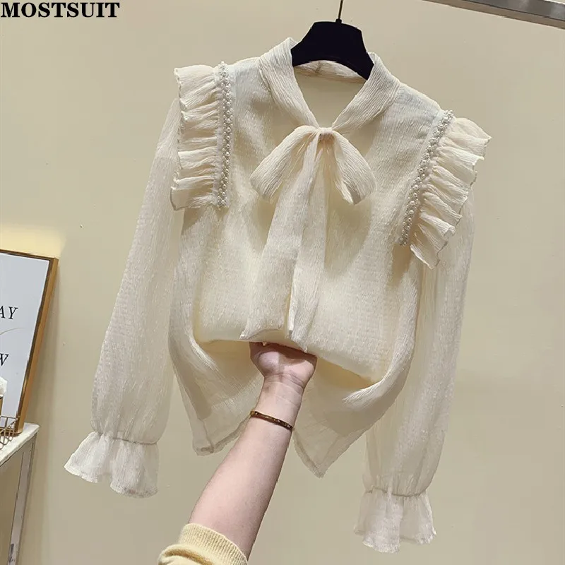 

Elegant Workwear Chiffon Women Blouse Shirt Pearl Beaded Ruffles Flare Sleeve Bowtie Collar Ladies Tops Stylish Fashion Blusas