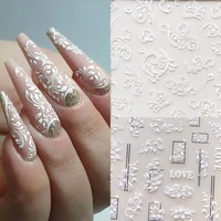 3d acrylic engraved nail sticker embossed white self adhesive nail art sticker decals slider decoration