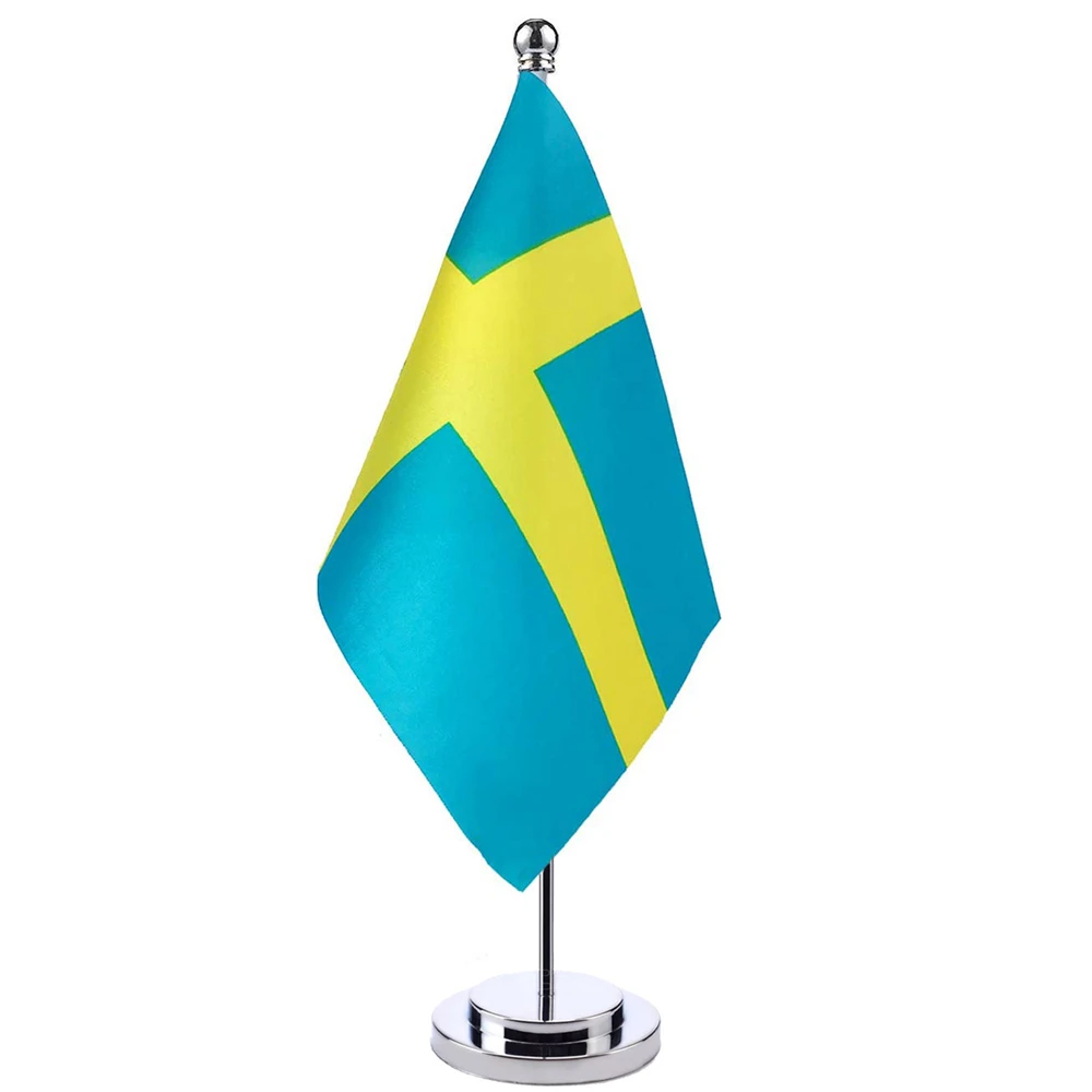 

14x21cm Mini Flag Of Sweden Banner Meeting Boardroom Table Desk Stand Stainless Steel Pole The Swedish Flag National Design