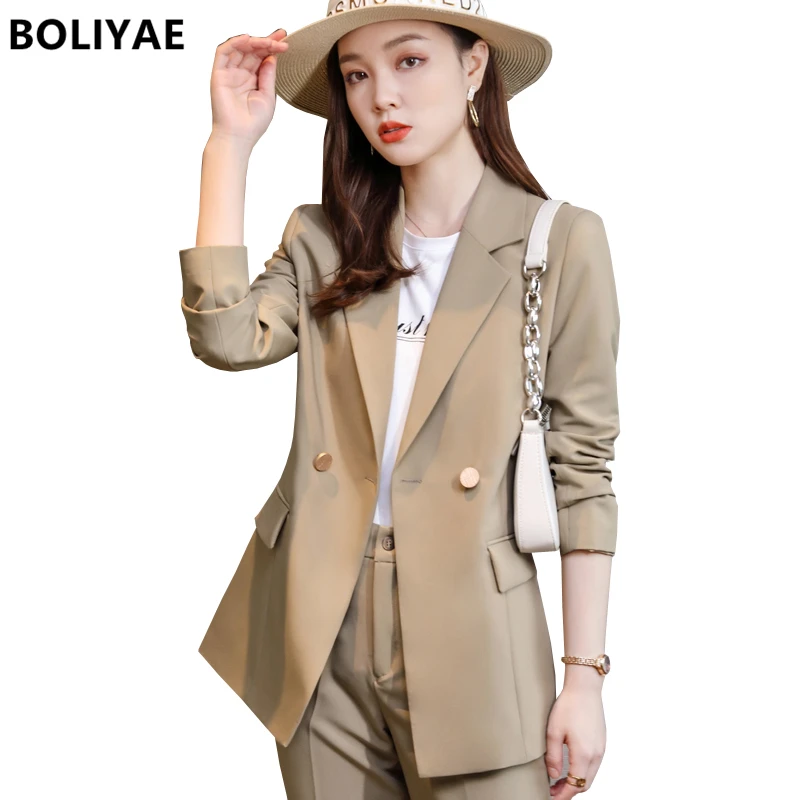 Boliyae Women Solid Color Fashion Simple Office Lady Blazer and Pants Sets Two Pieces OL Jacket Formal Suit Spring Autumn Winter