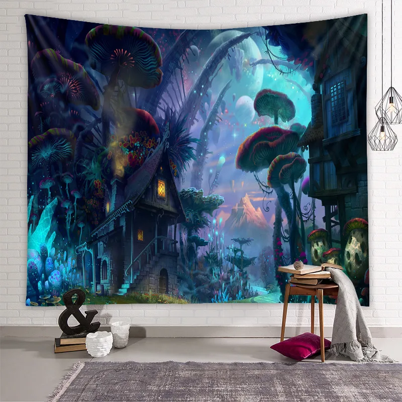 

Mushroom Forest Tapestry Castle Fairytale Trippy Colorful Wall Hanging Tapestry psychedelic room Home Dorm Fantasy Decoration