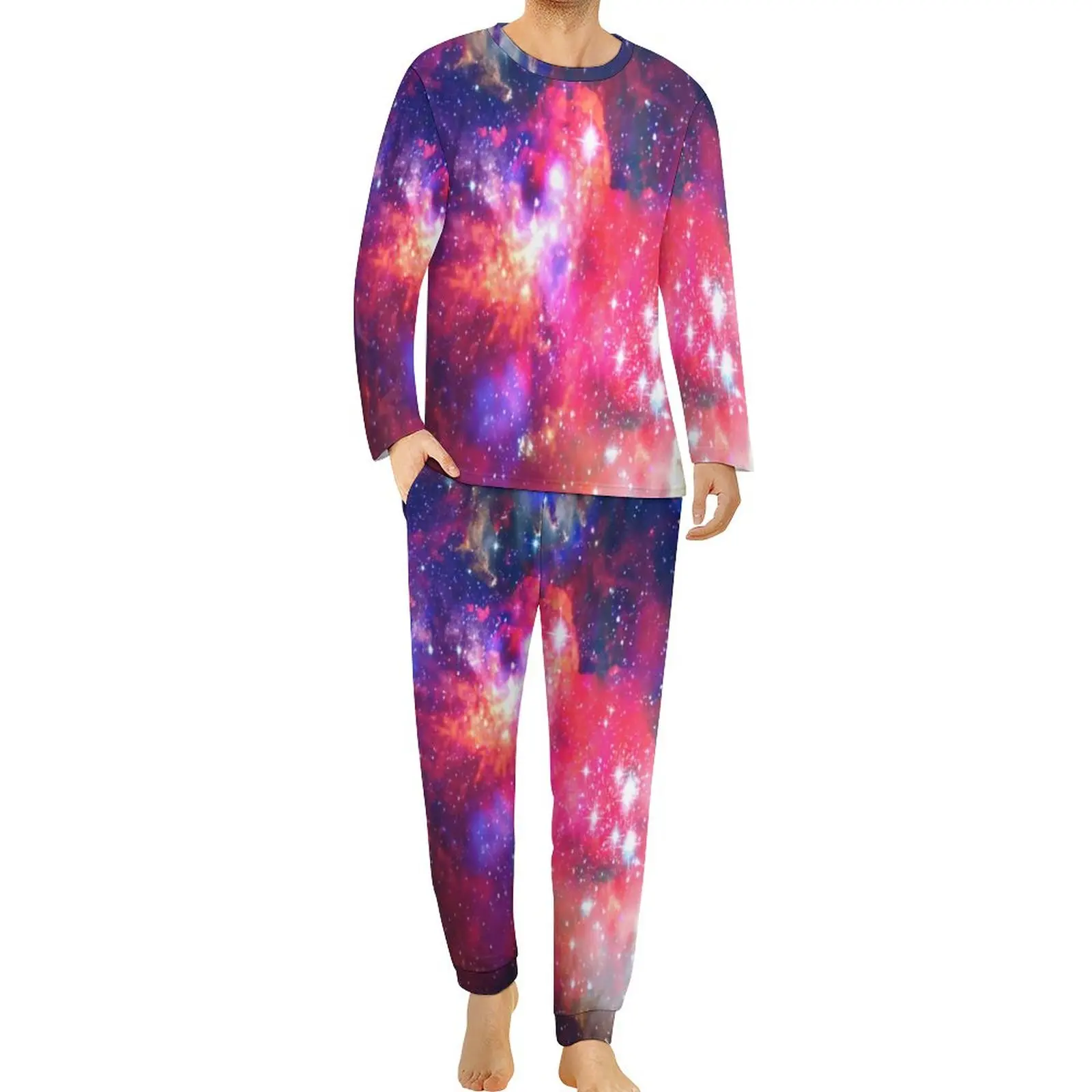 Wonderful Starry Pajamas Daily Galaxy Space Print Sleep Home Suit Men 2 Pieces Custom Long-Sleeve Kawaii Oversized Pajama Sets