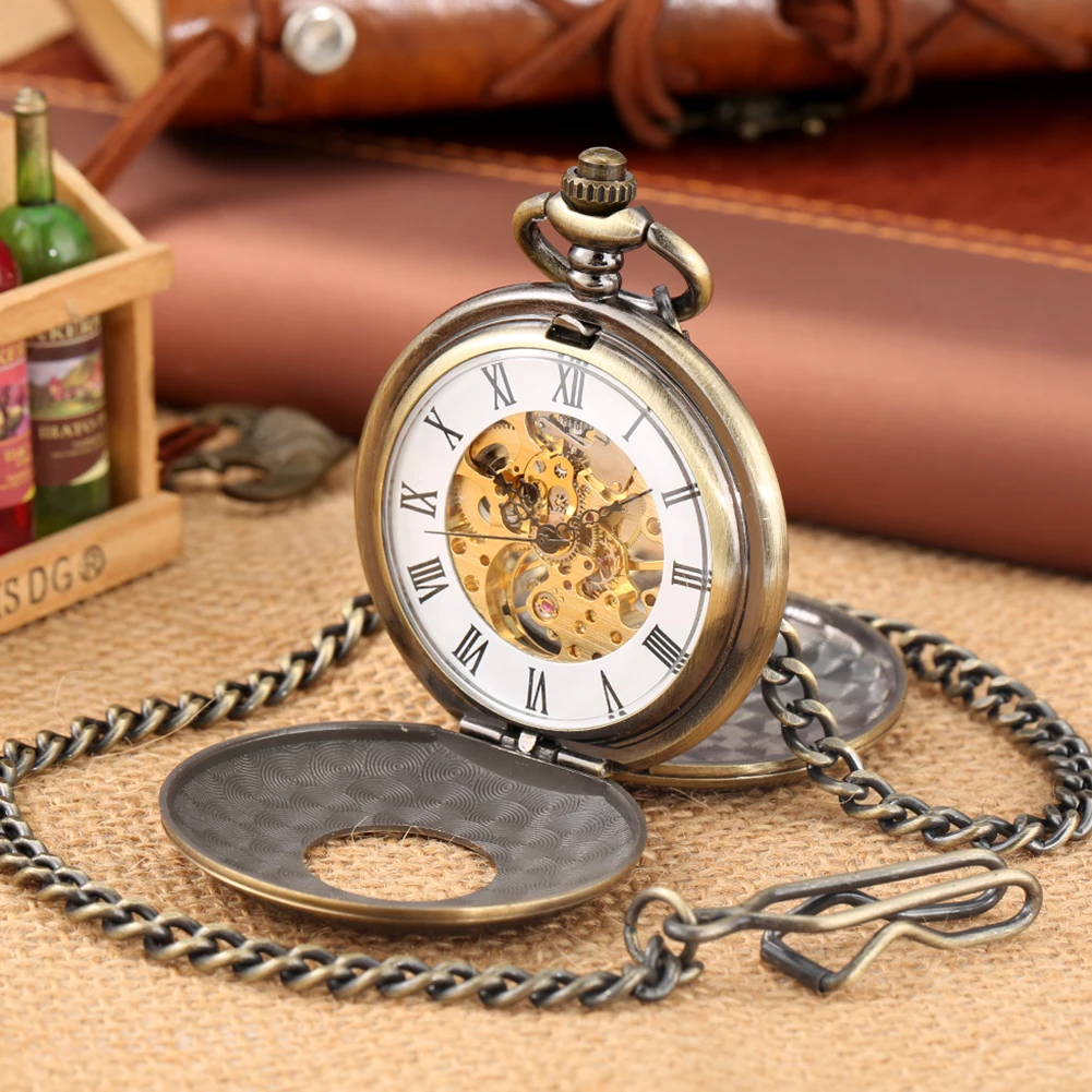 Double Cover Bronze Roman Numeral Carved Display Manual Mechanical Pocket Watch Luxury Vintage Antique Hand Winding Pocket Clock