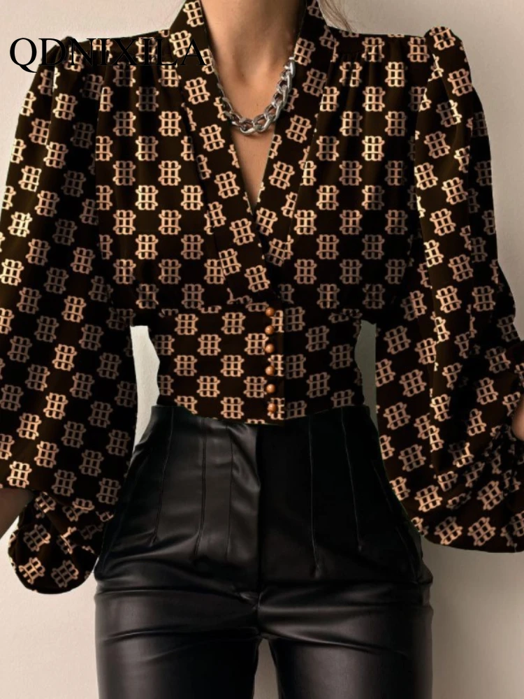 Женская рубашка с V-образным вырезом длинным рукавом-фонариком |