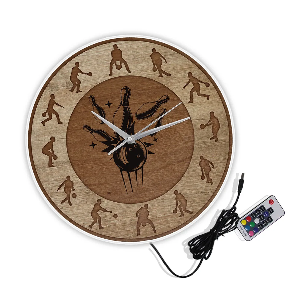 Боулинг выстрел Текстура дерева печатные настенные часы Спорт искусство