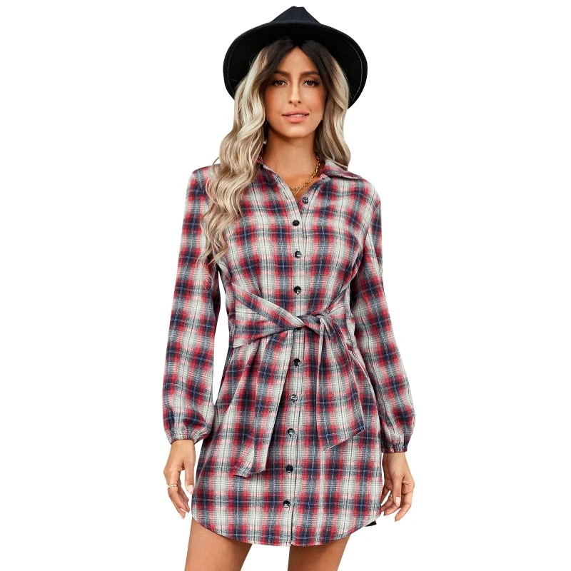 

MXMB Women Plaid Shirt Dress Elegant Long Sleeve Button Down Lapel Tie Waist Casual