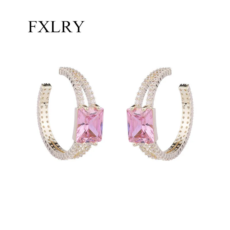 

FXLRY French Elegant AAA Cubic Zircon Exaggerated C Hoop Earrings For Women Wedding Jewelry Gift