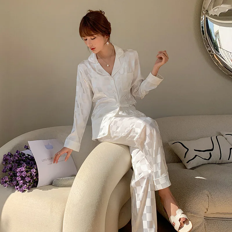 High-end Celebrity Silk Pajamas Women's Sleepwear Silk Pyjamas Set Button Down Plaid Satin Pajama Set Ladies Lounge Homewear