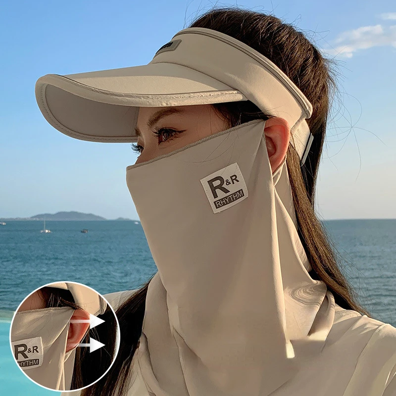 

New 2 In 1 Sunscreen Cap Female Ice Silk Sunscreen Mask Full Face Protection Breathable Summer Cycling Beach Sun Hat Golf Hat