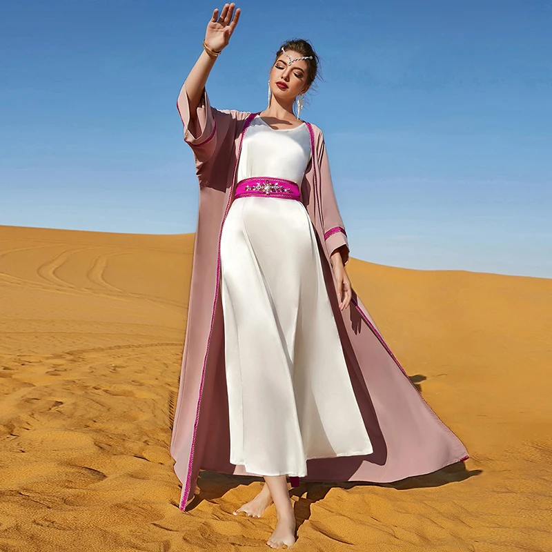 Women Open 2 Piece Abaya Set Dress Pink With Diamonds Belt Solid Color Long Sleeve Maxi Muslim Ramadan Eid Dubai Turkey Dresses
