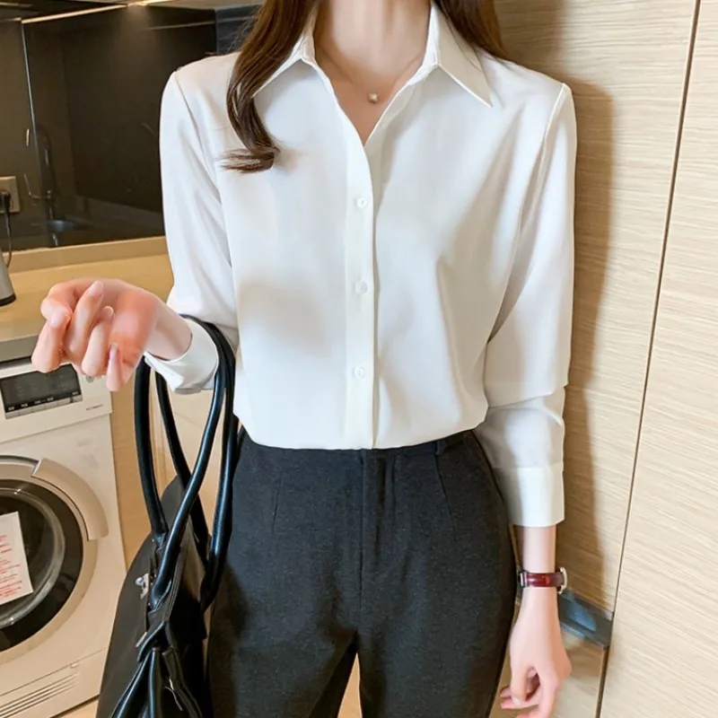 

Рубашка Женская атласная с длинным рукавом, белый топ в офисном стиле, Модная элегантная одежда на пуговицах, осень 2023