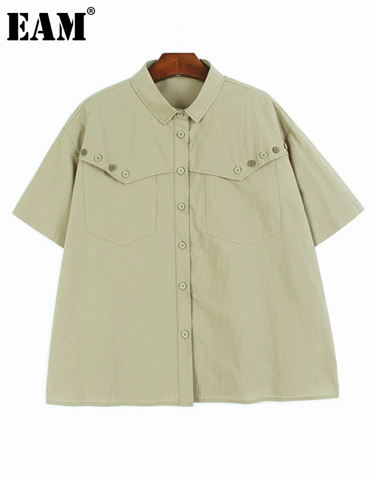 

[EAM] Women Green Button Big Size Casual Blouse New Lapel Short Sleeve Loose Fit Shirt Fashion Tide Spring Summer 2023 1DF7747
