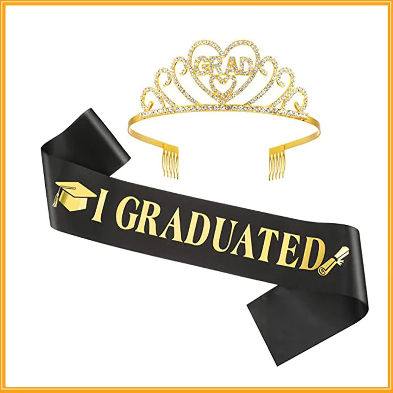 

1 Graduated Satin Sash with 1 Rhinestone Crown Set Graduation Party Decoration Photo Booth Props Class of 2022 Gradute Supplies