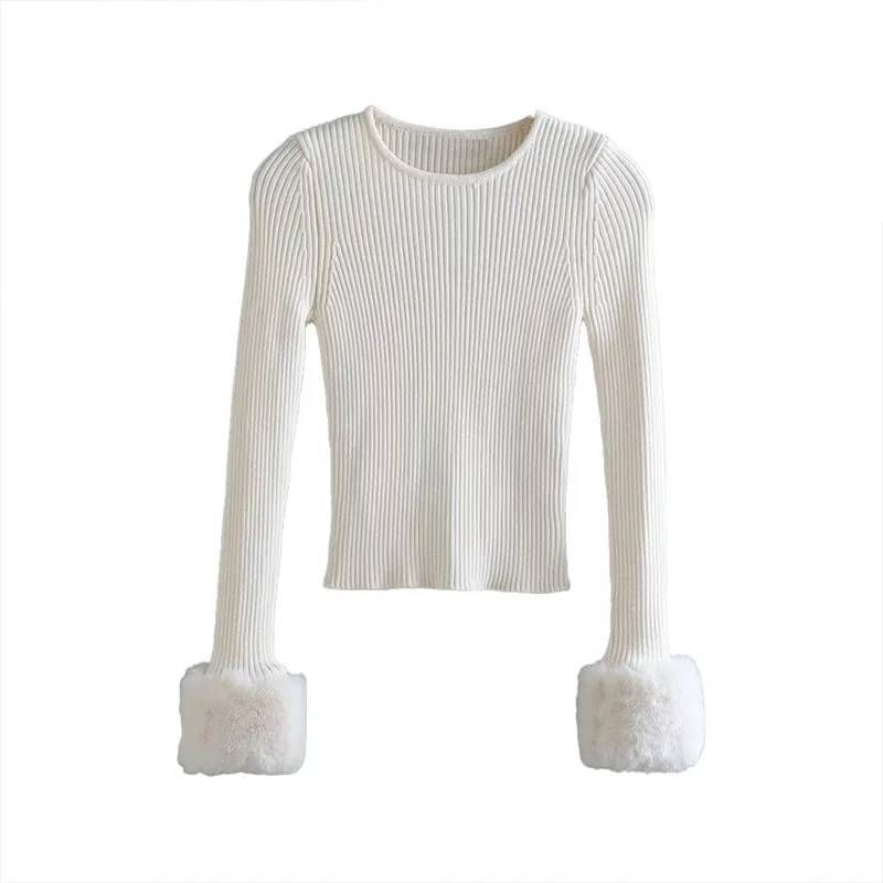 

Женский вязаный свитер с манжетами, винтажный пуловер с длинным рукавом и эффектом искусственного меха, 2023