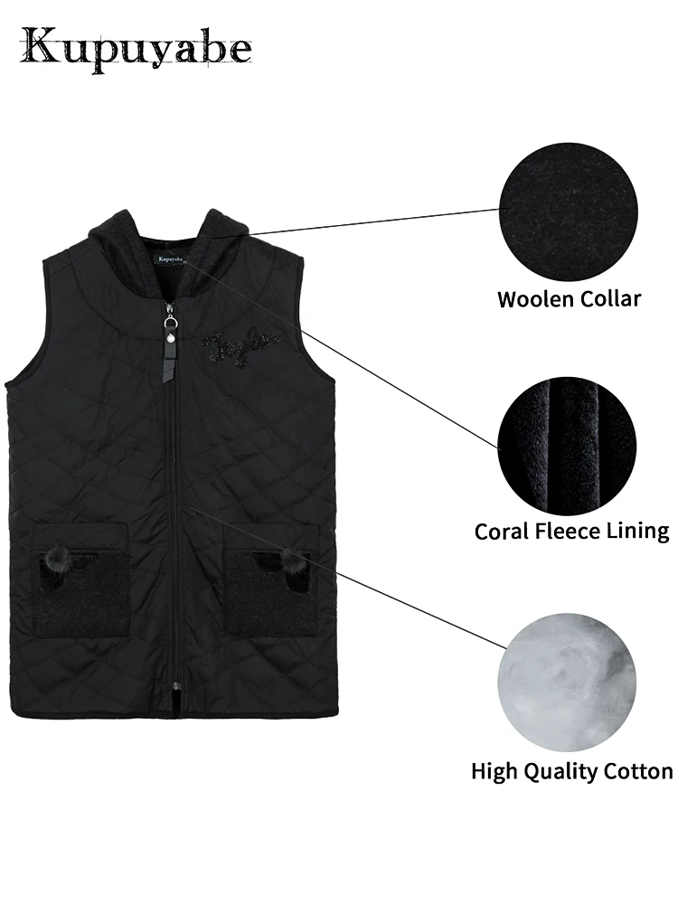 KUPUYABE Women's Winter Vest Coral Plush Collar Wool Hat Cotton Filled Cotton Vest Warm Windproof Vest