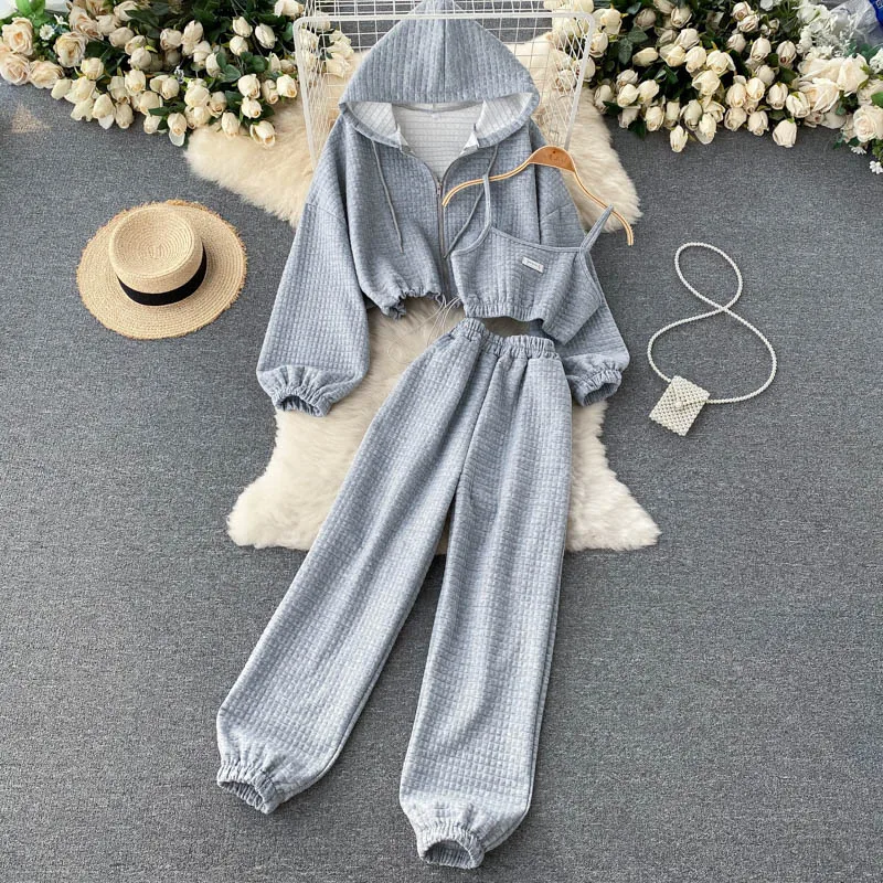

Casual Sports Suit Student New Spring Hooded Jacket Coat + Cropped Camis Vest + Loose Bundle Feet Trousers Women Three-piece Set