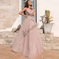caroline pink elegant evening dress o neck appliques feather a line floor length robes de soir%c3%a9e prom gowns party custom made