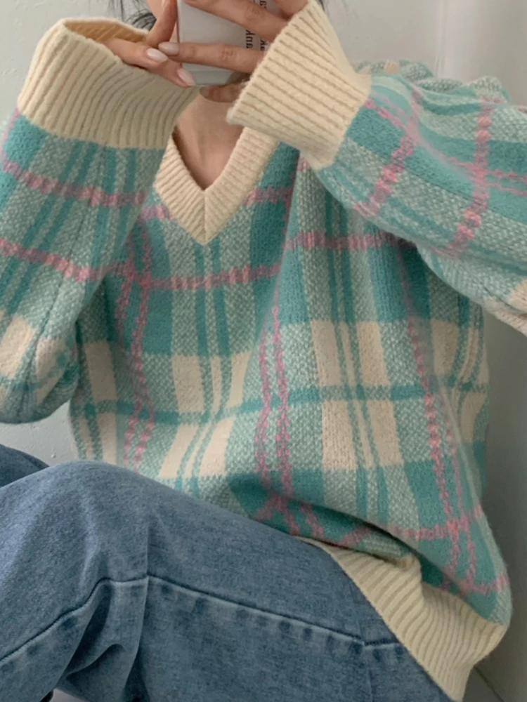 Korobov свободные свитера в клетку полосатый пуловер с v-образным вырезом трикотаж