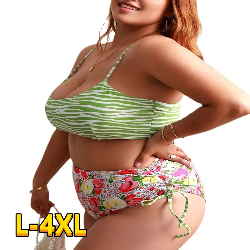 

Striped Women's 2 Pieces Bandeau Bikini Swimsuit Large Size Off Shoulder High Waist Bathing Suit High Cut Swimwear 4XL