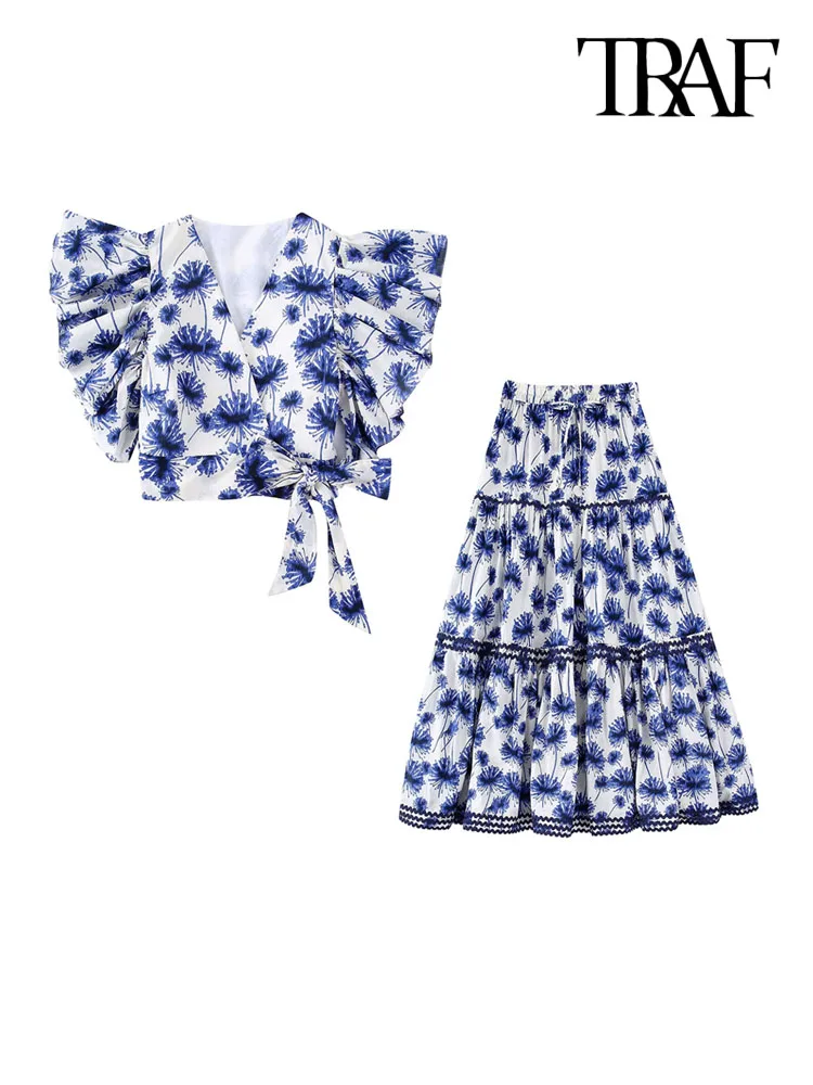 

TRAF Women Fashion With Bow Tied Printed Crop Wrap Blouses And High Elastic Waist With Drawstring Skirts Female Sets Mujer