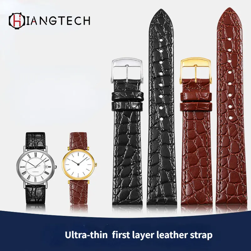 Crocodile Leather Ultra thin watch strap for Longines/DW watch men and women elegant original black ultra-thin belt 20mm 13mm