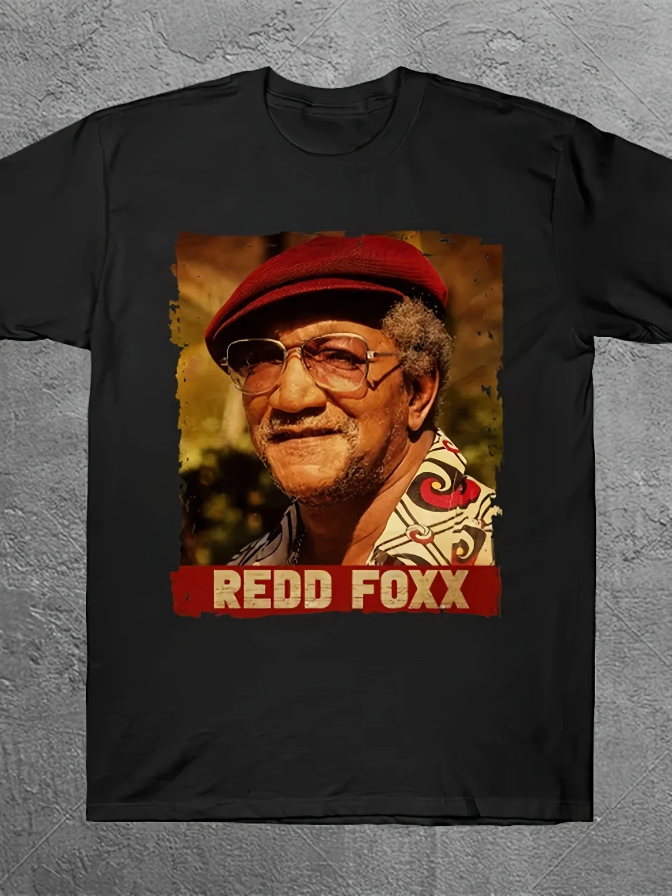 Фото Мужская футболка с рисунком Redd Foxx в стиле ретро — черная хлопковая уличная одежда с винтажным принтом, коротким рукавом, повседневная летняя футболка для повседневного использования №1