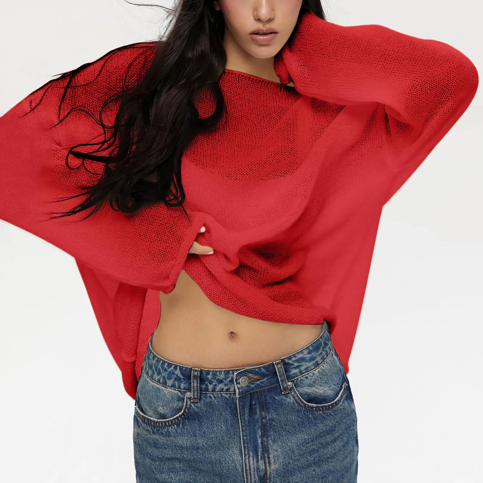 Трикотажный прозрачный топ рубашки женский свободный сетчатый пуловер с длинным