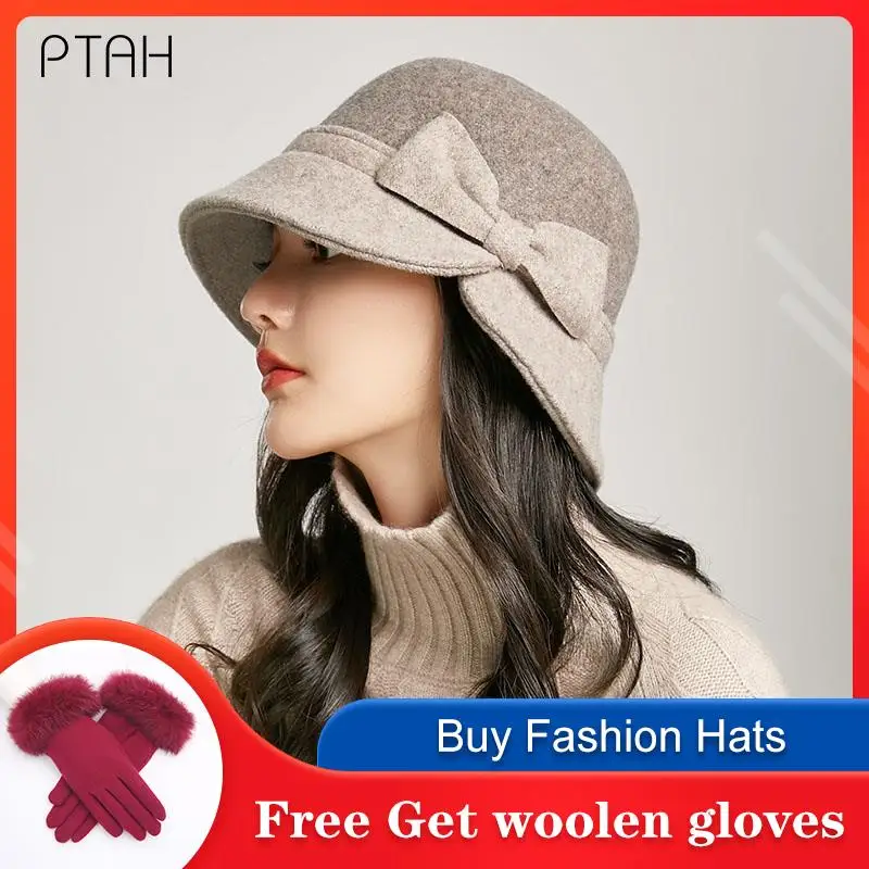 

[PTAH] Autumn Winter Wool Hats British Style Vintage Church Fedoras Hats Ladies New Temperament Gentleman Elegant 100% Wool Caps