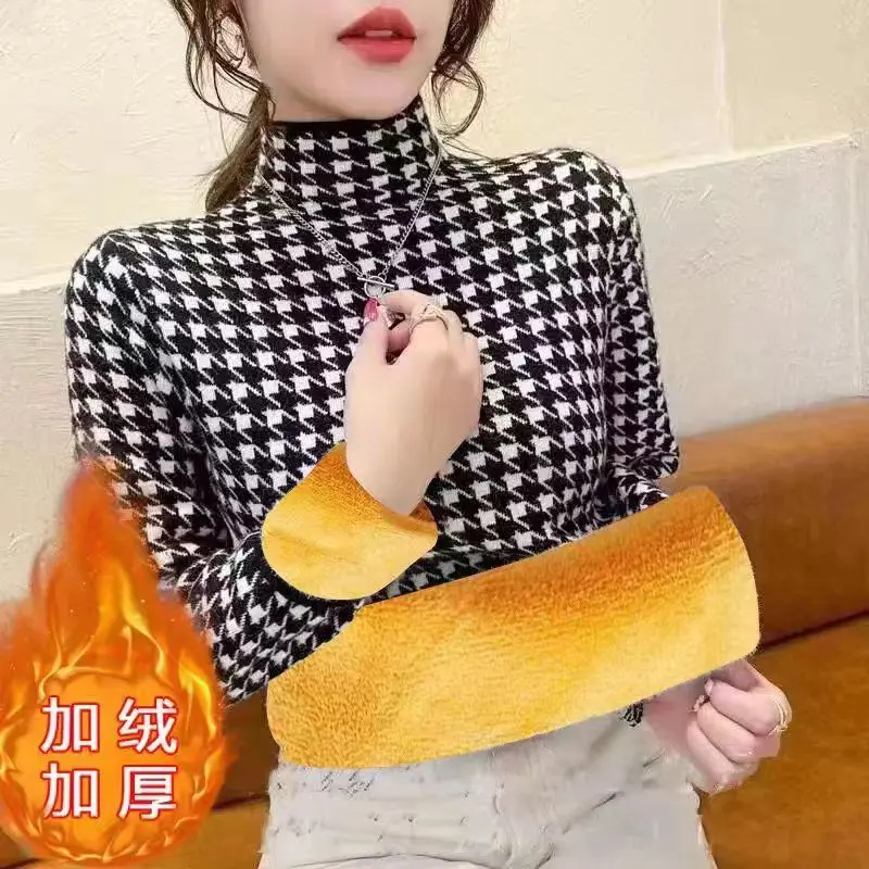 

Fleece thickened new-style long-crocheted female houndstooth slim-fitting with a half-high collar undershirt top
