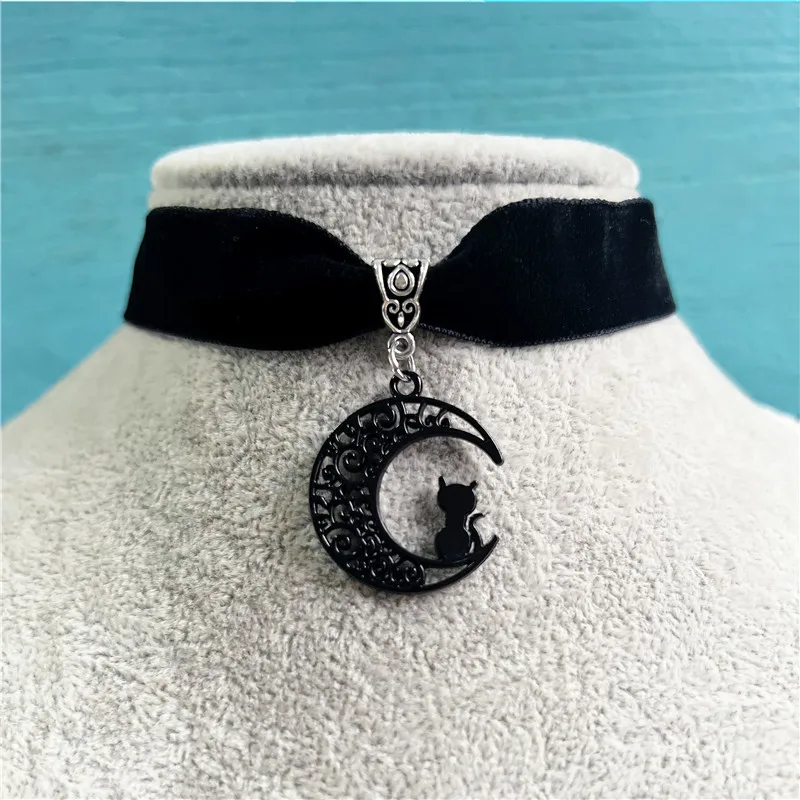 

New Hot Sale Black Velvet Hollow Moon Cat Retro Collar Necklace Various Gothic Jewelry Gift Goddess Necklace