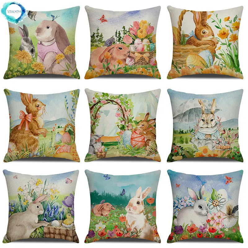 

Spring Easter Home Decor Cushion Cover Easter Eggs Flowers Bunny Rabbit Linen Pillow Case Kids Gifts Party Sofa Home Decor 40310