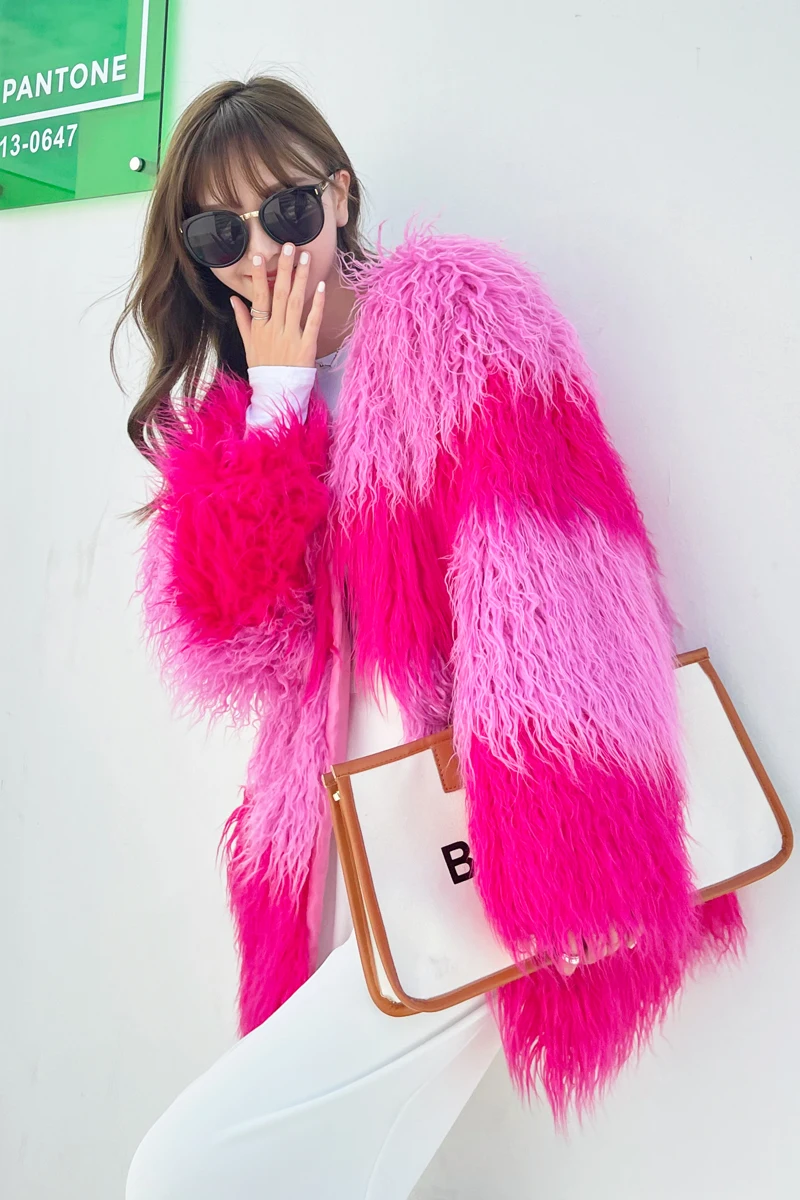 Rose Red Stitching Pink Fur Coat Autumn Winter New Fashion Plush Loose Contrast Color Tan Wool Jacket Elegant Coat Women